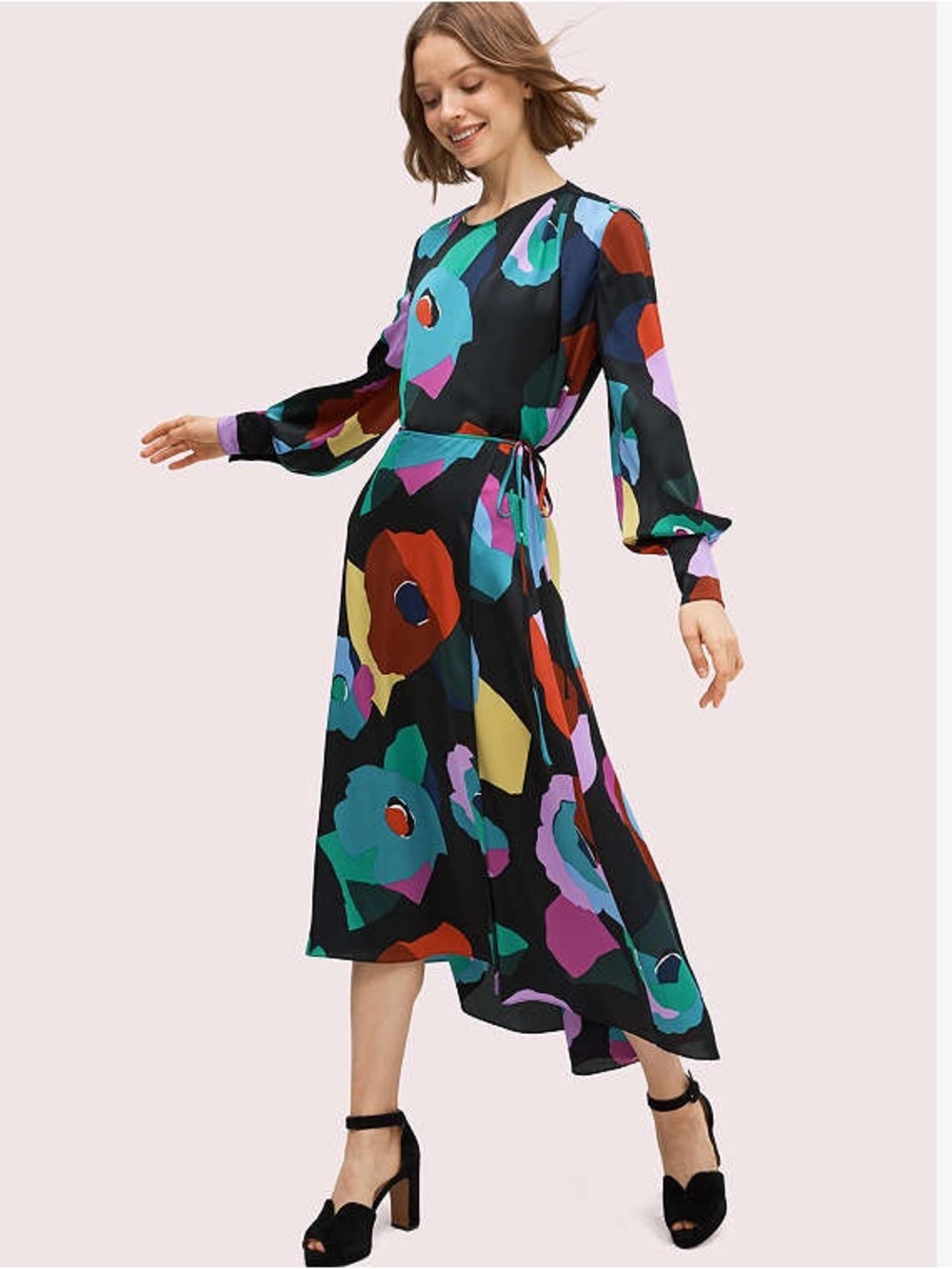 Kate Spade Black Long Sleeve Top -Blouse and Midi Skirt with  Bold Multi-Color